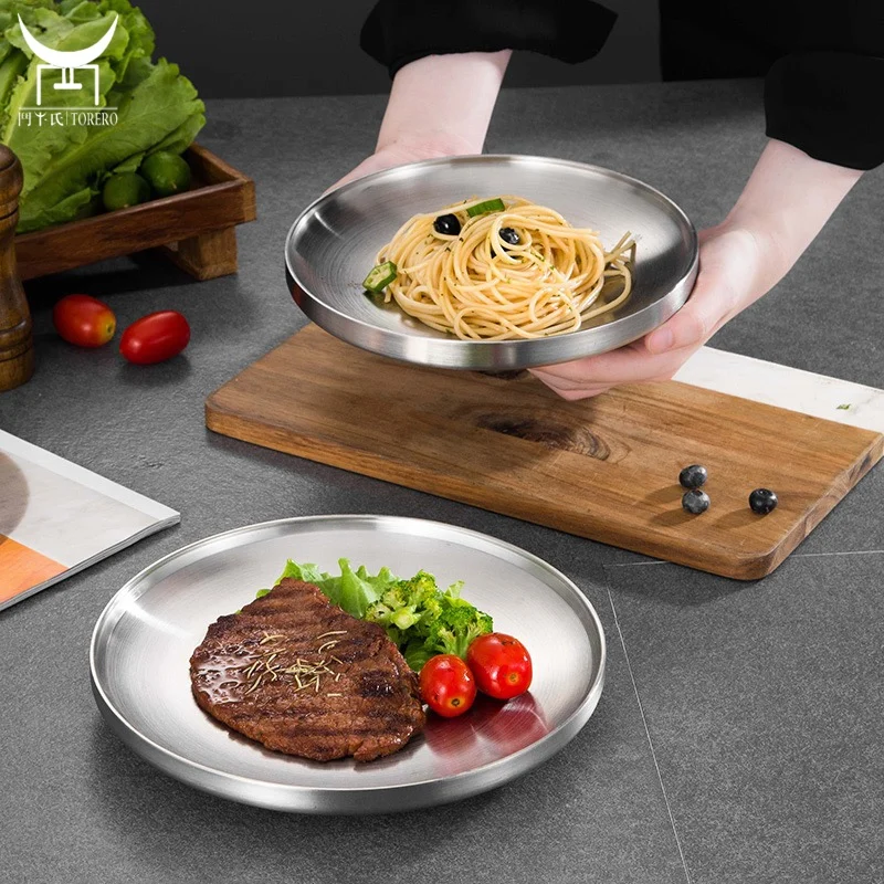 

304 Stainless Steel Round Restaurant Dinner Plate Set Double Wall Steak Pasta Dessert Snack Dish Wedding Serving Tray