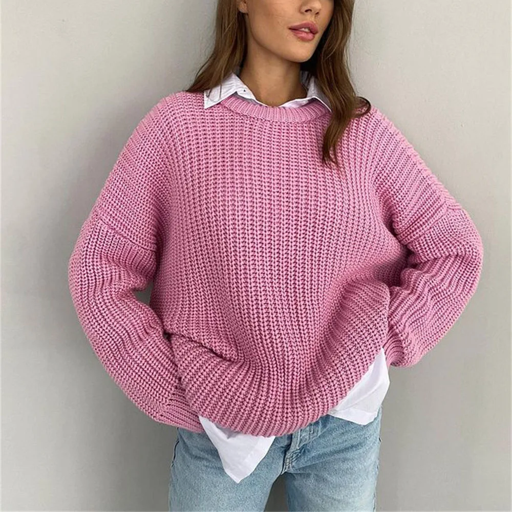 

Hot Selling Autumn Winter Women Long Sleeve Sweaters O Neck Solid Color Knitted Ladies Jumper Sweater