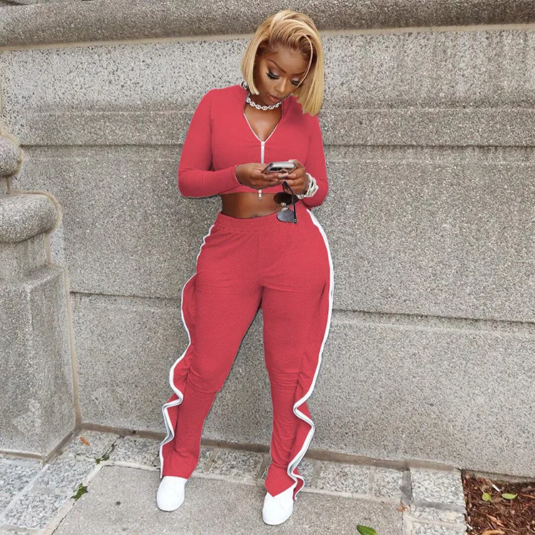 

Casual Long Sleeve V Neck Zipper Up Crop Top And Pant 2021 Spring Women Clothing Sets Ladies Two Piece Stacked Pants Set Outfits, Red,black,green