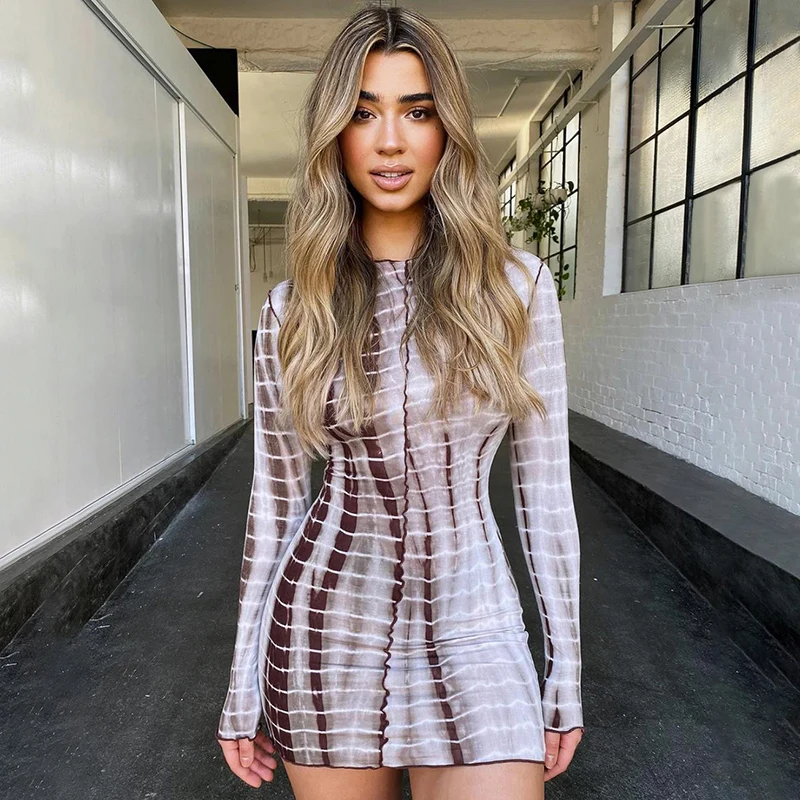 

Nibber D1738004 2021 New Spring Printing Casual Slim Mini Dress Women Fashion O Neck Long Sleeve Street Khaki Bodycon Lady Dress