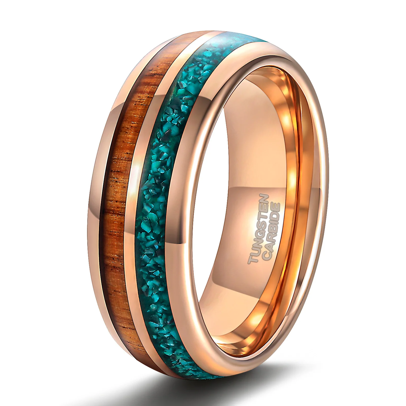 OAHLAN 8mm Mens Tungsten Rings Turquoise/Wood Inlay Rose Gold Tungsten Carbide Ring Engagement Band Beveled Edges Wedding Bands