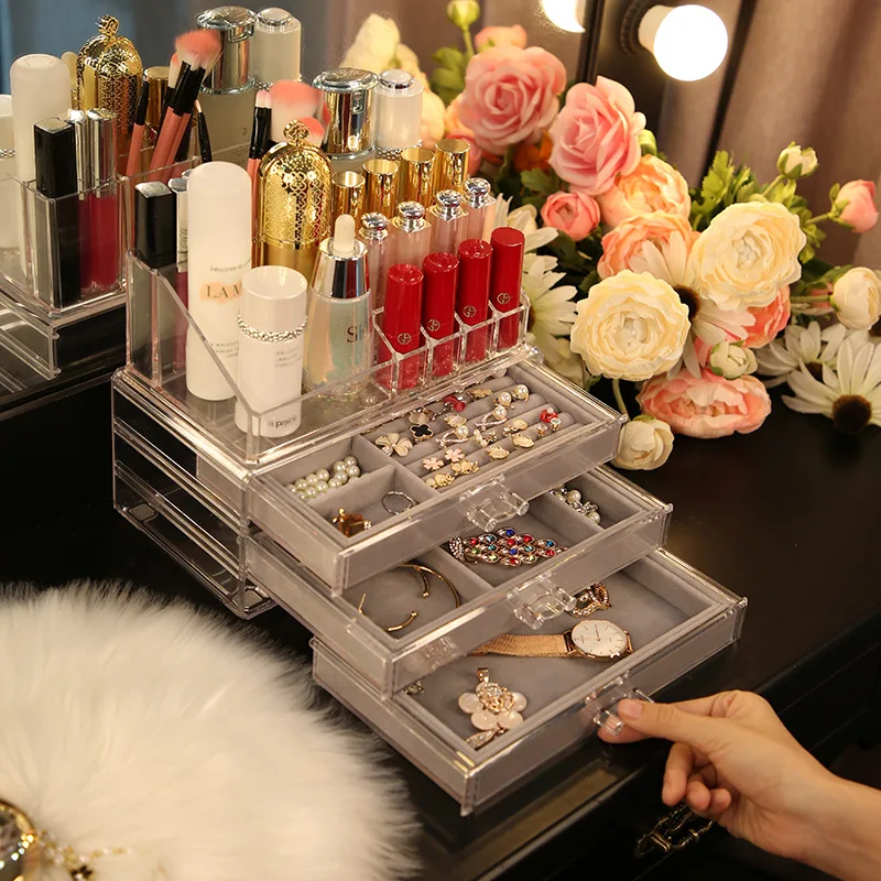 

Travel Organizer Jewellery Gift Boxes Acrylic 3 Drawers Large White Jewelry Storage Box, Pink