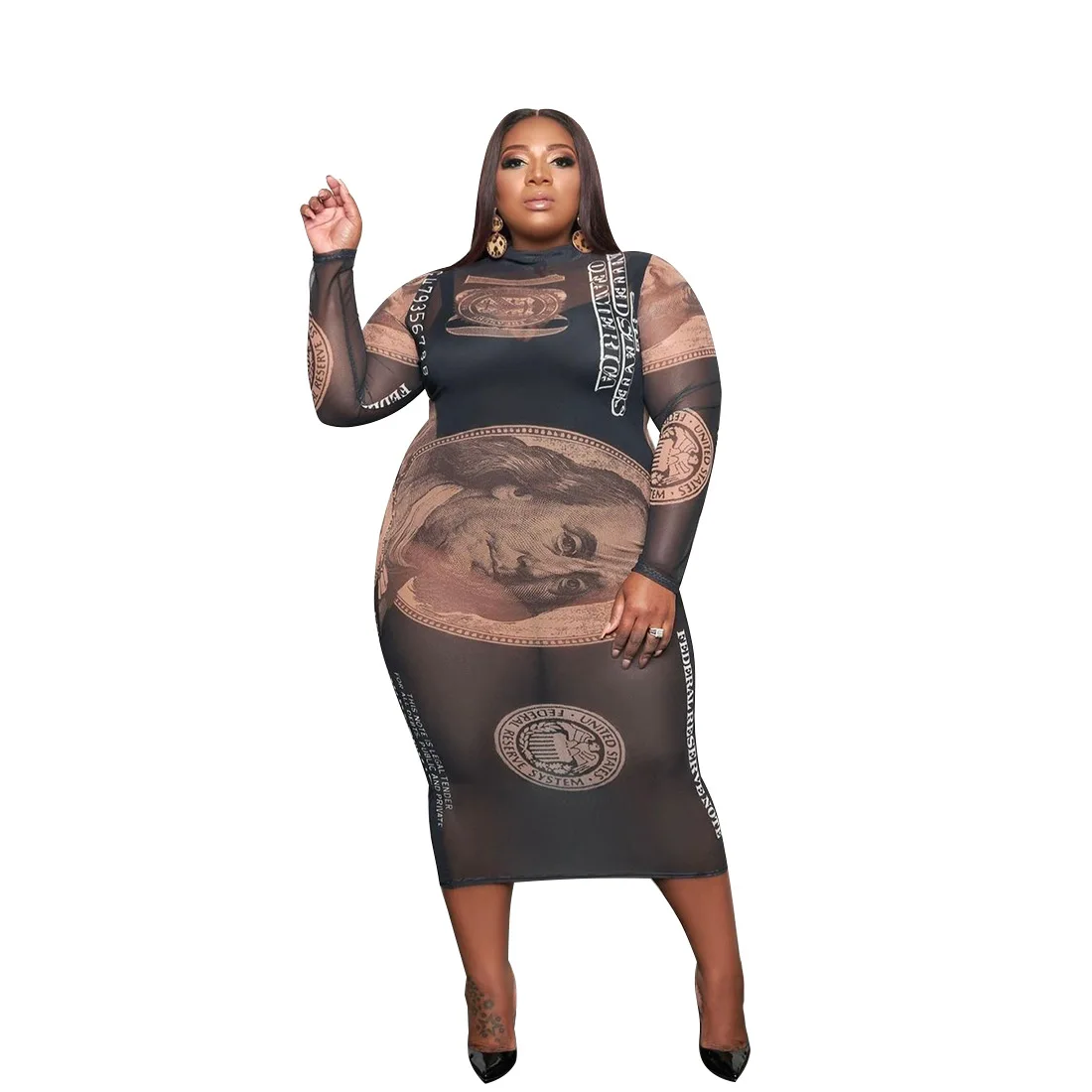 

2021 New Fashion Casual Mesh long sleeve Printed bodycon night club dresses sexy plus size, As shown