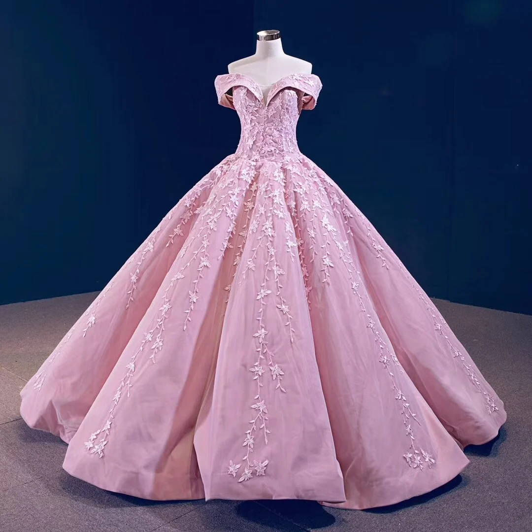 

New Product Off Shoulder Vestidos De Novia Lace Appliqued Woman Bridal Dress Pink Wedding Dress Bridal Gown