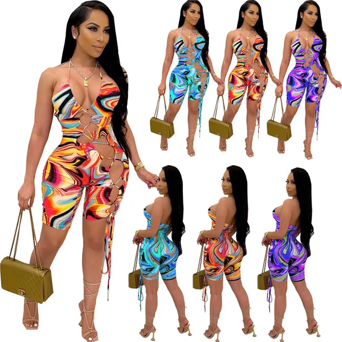 

C118A-2021 summer tie dye halterneck bandage sexy casual shorts jumpsuit women, Picture shown