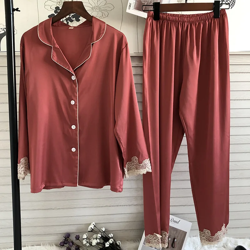 

JULY'S SONG High Quality Satin Pajamas Sets Spring Autumn Long Sleeve Shirts Long Pants Loungewear Chic Lace Faux Silk Sleepwear