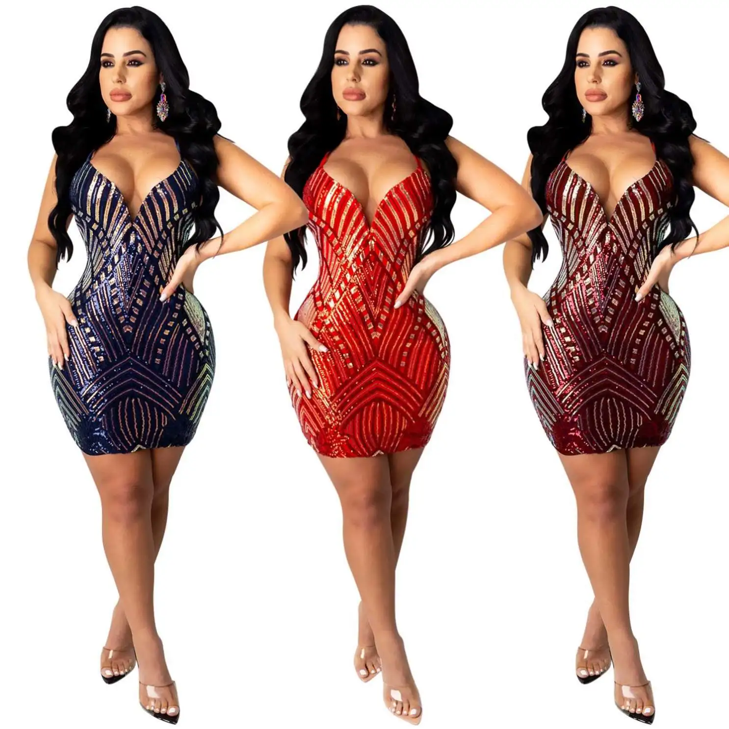 

FREE SAMPLE JHTH 2021 New Style Women Sexy V Neck Backless Sequin Midi Dresses Party Mini Night Club Dress, Red, blue, burgundy