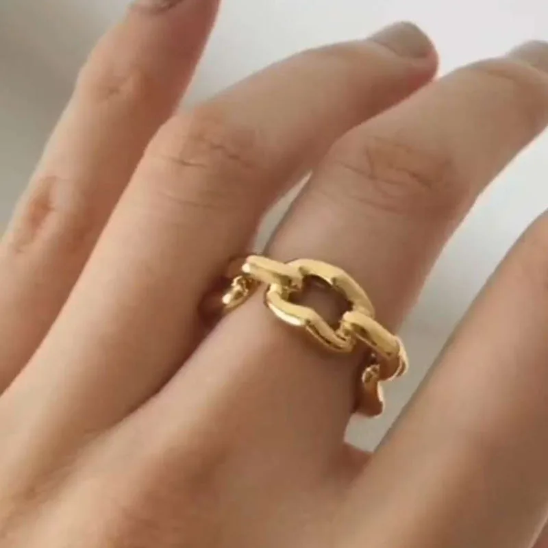 High End 18K Gold Plated Link Chain Chunky Band Rings for Women Stainless Steel Jewelry