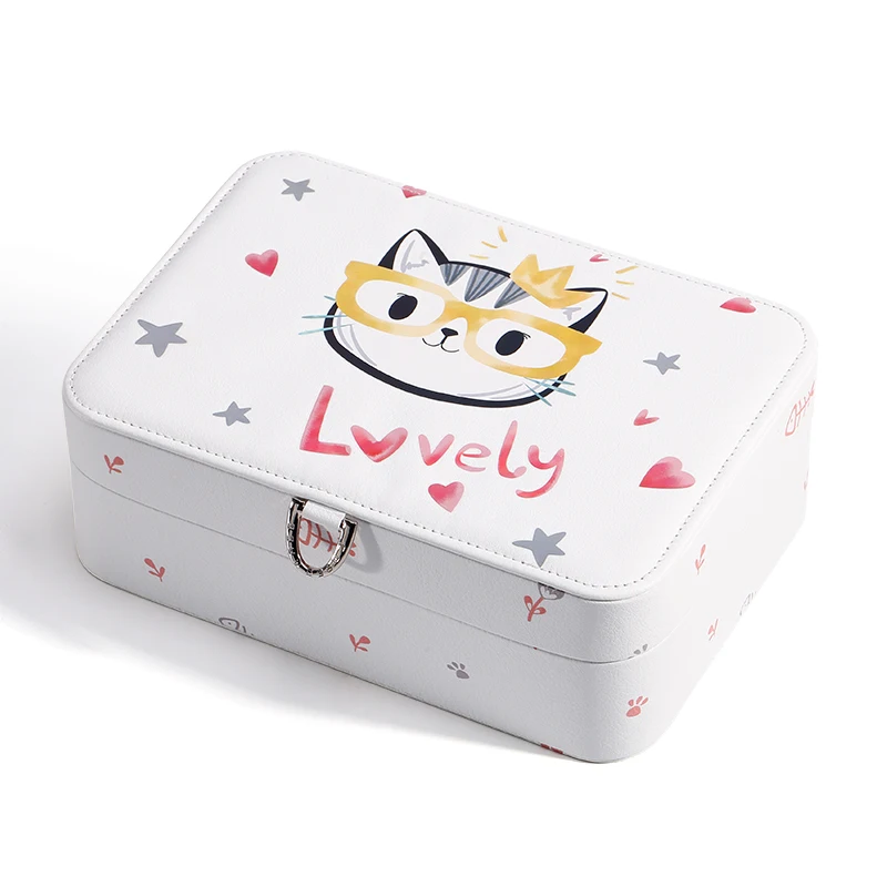 

2020 Custom Logo Printed Cartoon PU Leather Portable Jewelry Case Organizer Velvet Small Custom Travel Jewellery Box with Mirror, White