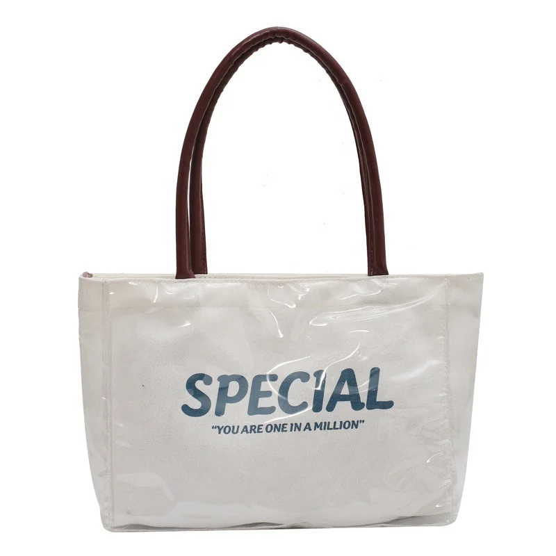 

Wholesale Custom Logo Canvas Ladies Purse Student School Bag Girls Surface Pvc Waterproof Summer Beach Handbag With Pu Handle, White, black, yellow