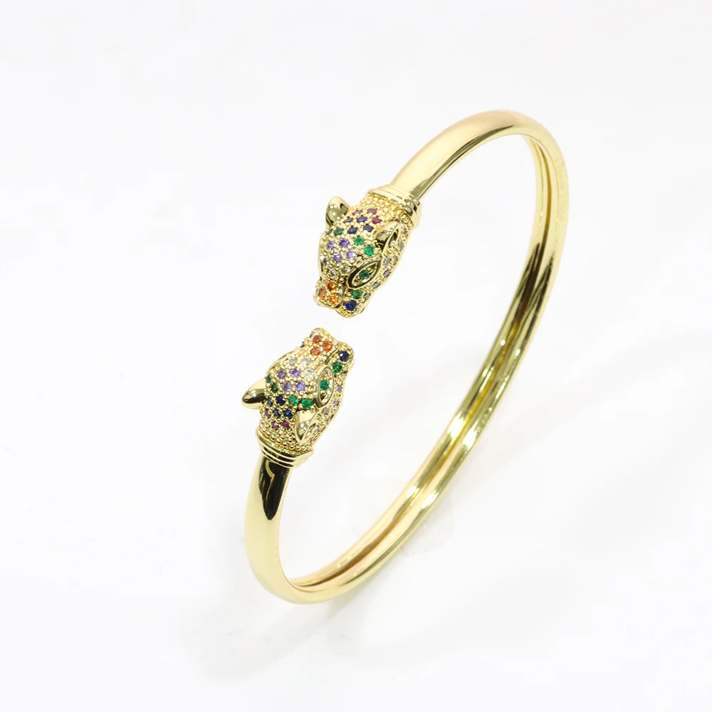 

Dropshipping Qings Fashion Custom Logo Opening Rainbow Diamond Leopard Head Animal Charm Women Gold Bracelet