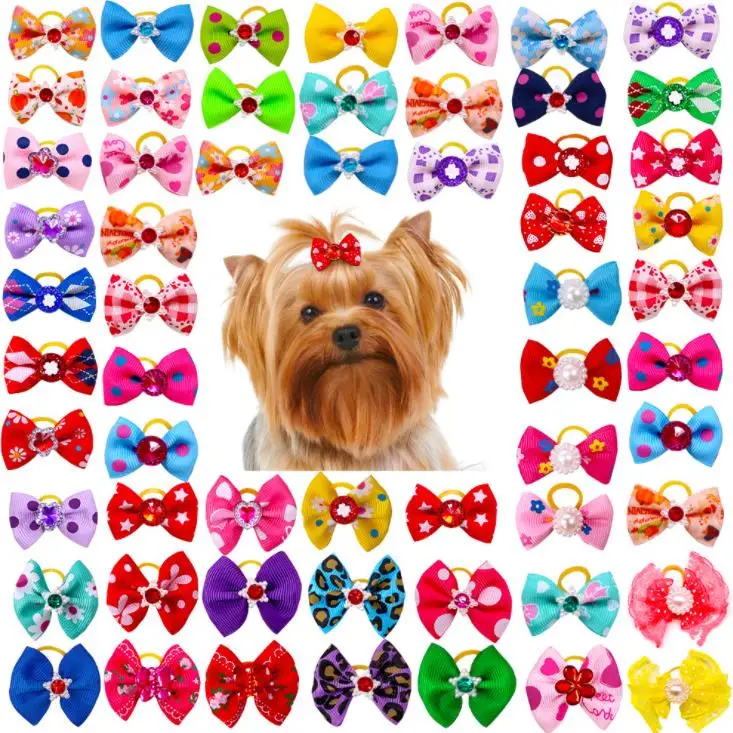 

Cute Puppy Dog Small Bowknot Hair Band Bows with Rubber Bands Hair Accessories Bow Pet Grooming Products, Ramdom color