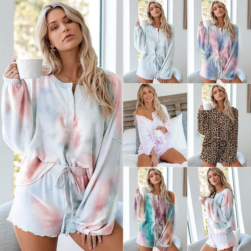 

New Design 2 piece set Ladies Tie Dye Long Sleeve Casual Cotton Sleepwear Autumn for women