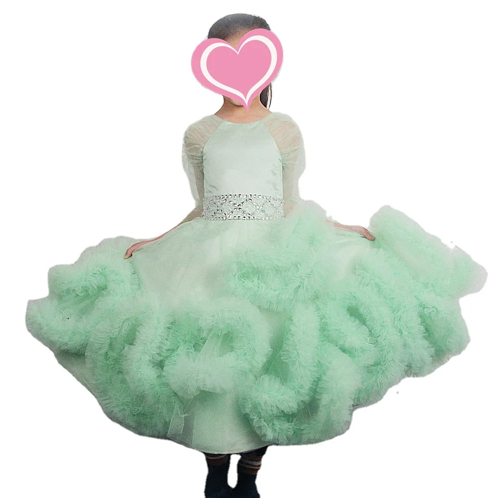 

FG16 3/4 Sleeves Green Cloudy Skirt Pageant Dresses Flower Girl Ball Gown For First Communion, Customer made