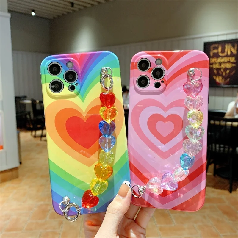 

Rainbow Lovely Girls Smart Phone Case Bracelet Wristband Soft Imd Tpu Mobile Phone Bag Case for iPhone 13 12 12 Pro 11 Xs