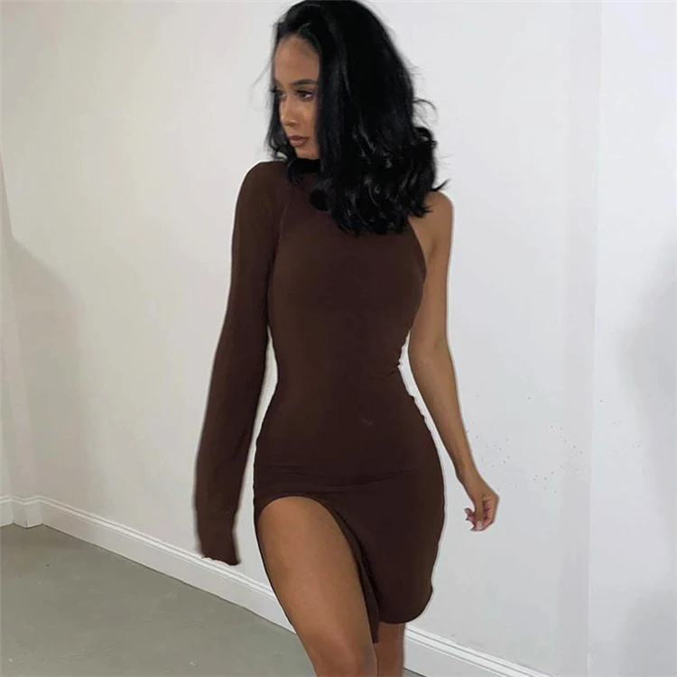 

D94917 2020 women one shoulder full sleeve short mini bodycon club dress