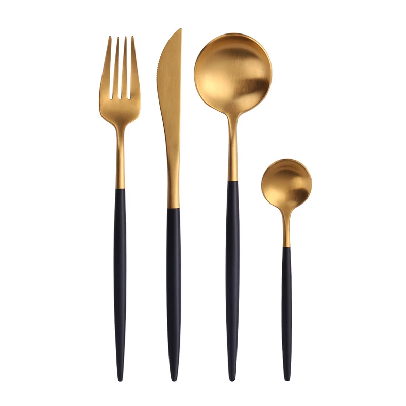 

Wholesale Luxury LOGO Wedding Cutlery Stainless Steel Bulk Set Plated Black and Gold Flatware