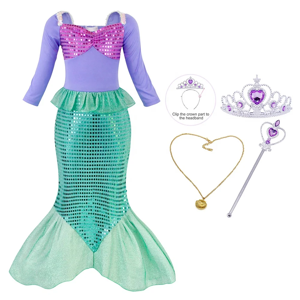 

2-10 Years Girls Mermaid Princess Dress Polyester Lovely Long sleeve Cosplay Costume Christmas Baby Girl dress, Purple+green