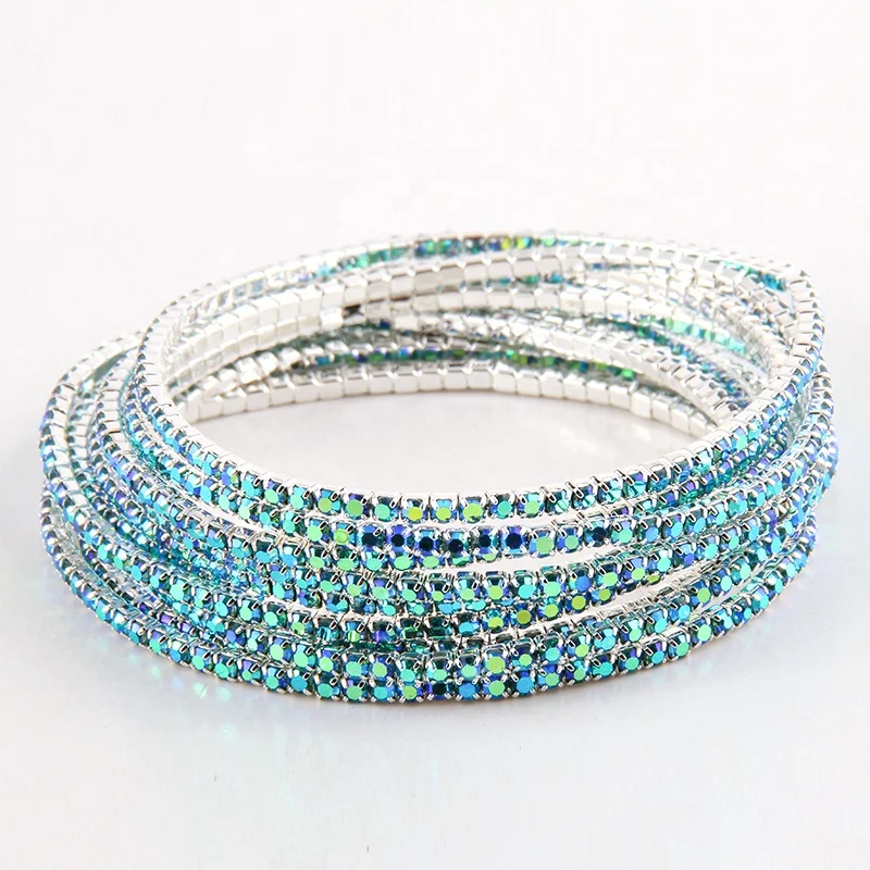 New 10 pcs/set Women Elastic Multi-Colors Cup Chain Rhinestone Bracelet Stretch Tennis Chain Crystal Bracelet Bangle