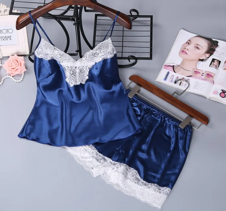 

sfy1021 Wholesale Women Lace Pajamas Women Silk Pajamas set, Blue,red,purple,rose red