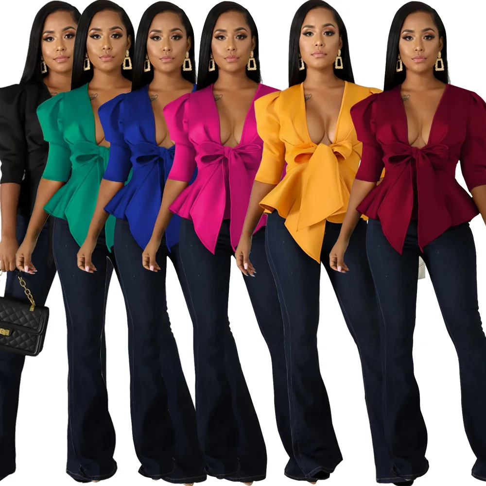 

90809-SW62 7 colors deep V bow tie fashion office women blouses