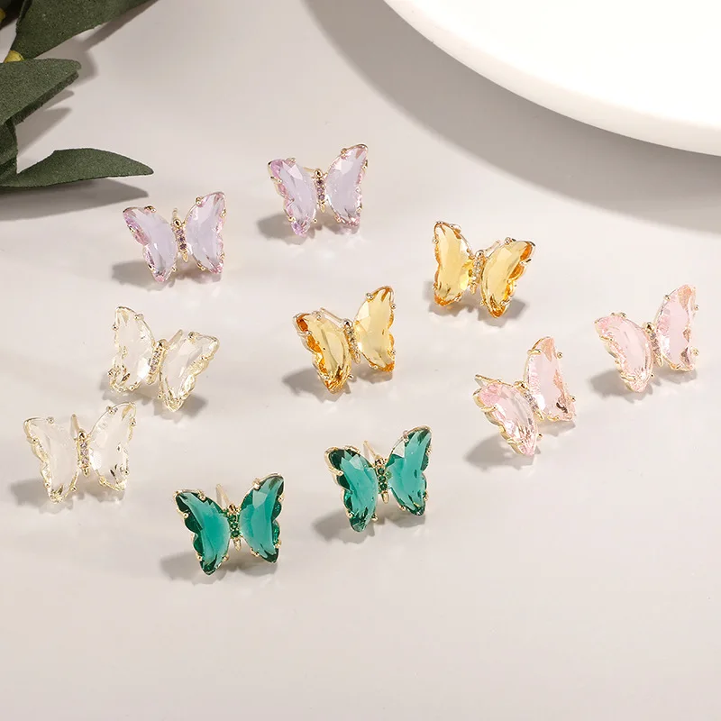 

INS Real Gold Plated Shiny Pink Color Glass Butterfly Stud Earrings Clear Crystal Butterfly Earrings For Girls Gift, As picture
