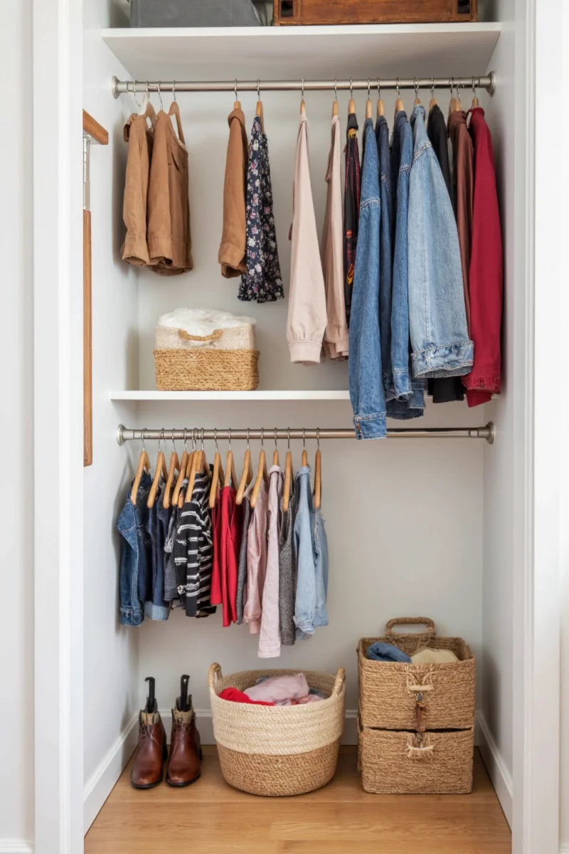 Colorful kid-sized hooks in closet