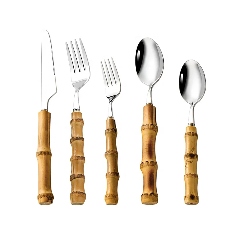 

Wholesale Eco Friendly Spoons And Fork Stainless Silverware Flatware 304 Stainless Steel Bamboo Handle Cutlery