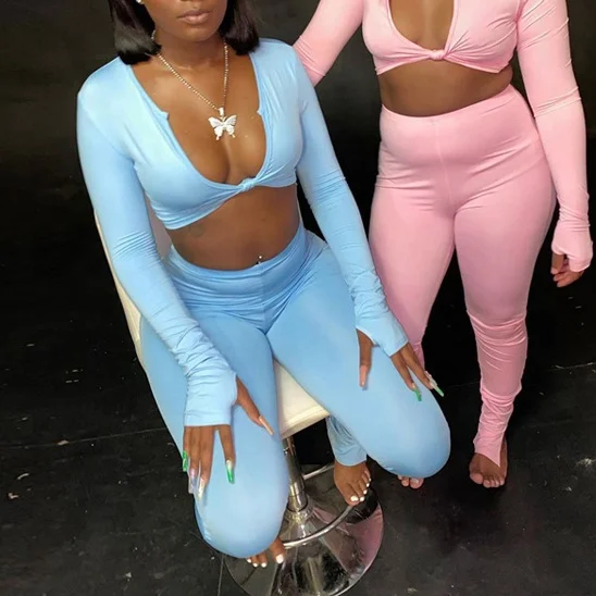 

2022 Clacive Yoga Sports Long Sleeve Twist Crop Tops 2 Piece Pants Set Solid Color Skinny Outfits Women Sets Two Piece