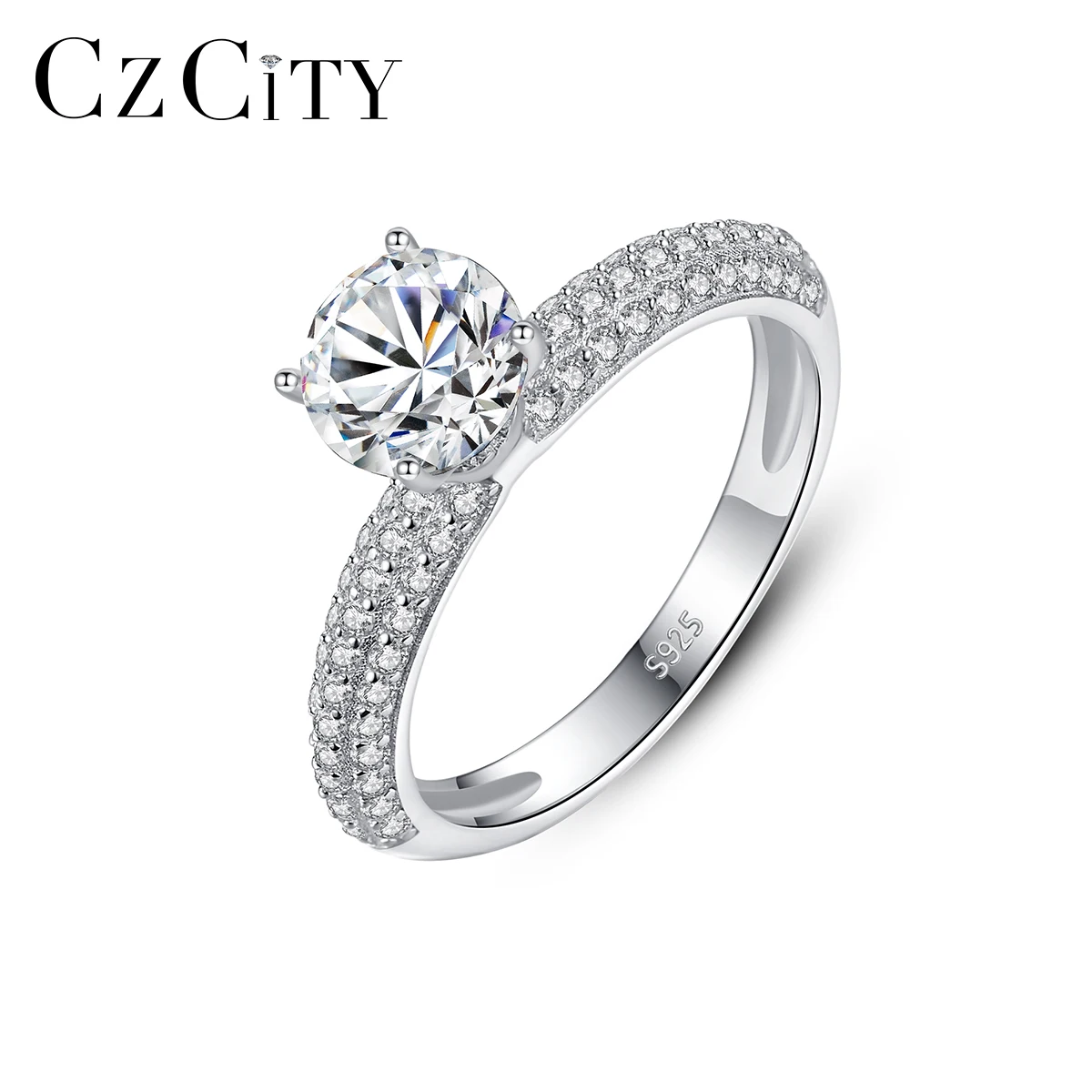 

CZCITY S925 Silver Sterling Rings Moissanite Female Wedding Bridal Jewelry Clear CZ Round Finger Rings For Women Wedding