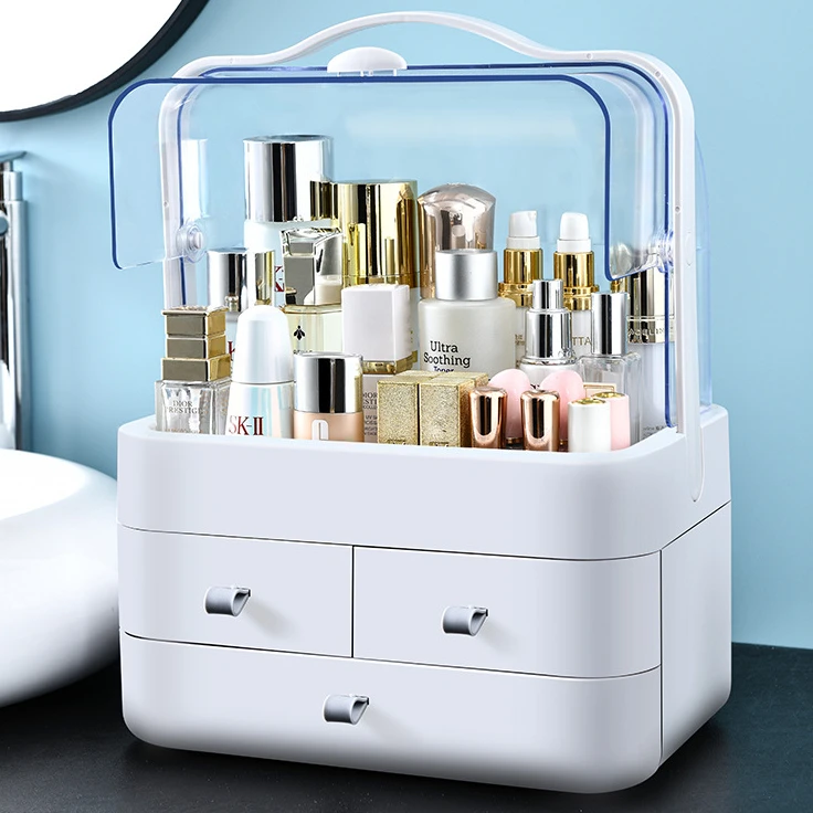 

Makeup Organizer Holder Cosmetic Storage Box with Dust Free Cover Portable Handle Great for Bathroom Countertop Bedroom