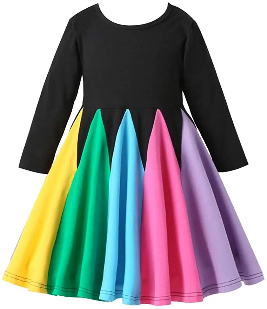 

Girl Rainbow Long Sleeve Dress, Fall Ruffle Rainbow Princess Party Tutu Dress, Kids Twirl Dress