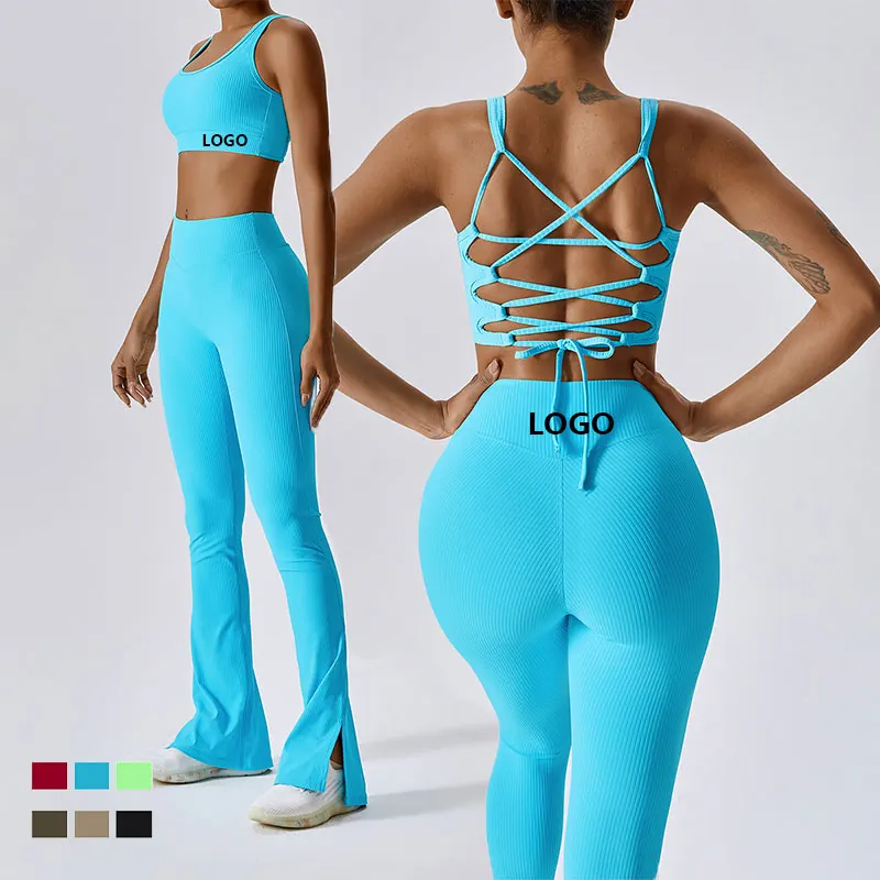 

Plain Ribbed Yoga Sports Bra Set Butt Lifting Yoga Flare Leggings For Women Gym Fitness Set Sportswear