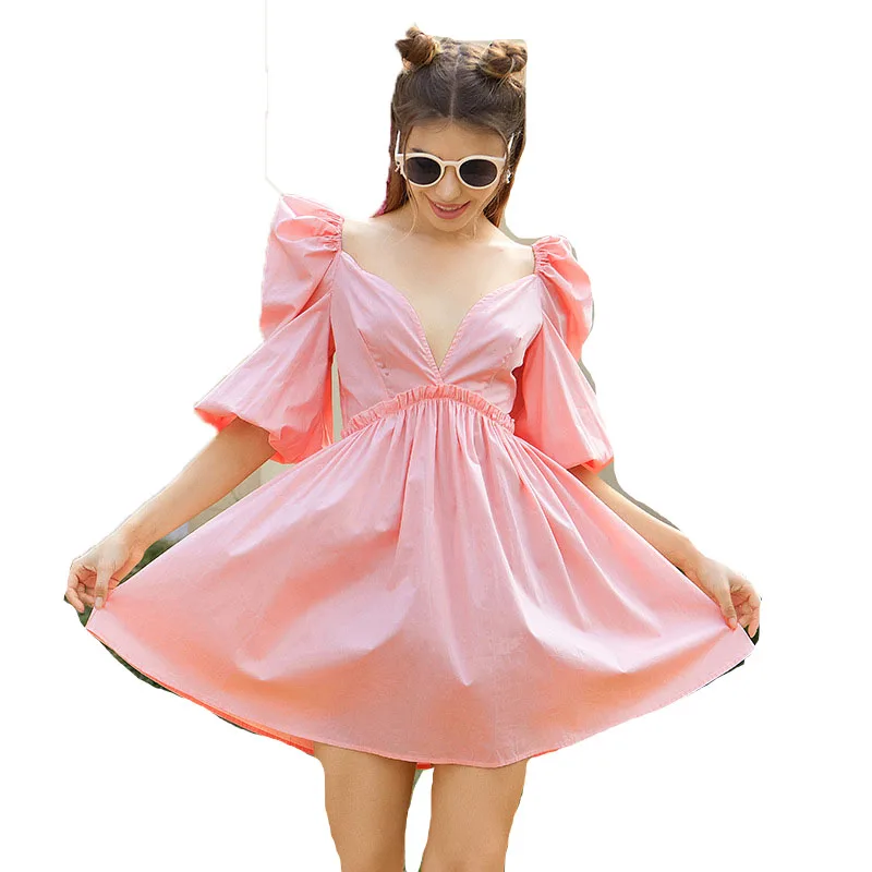 

Women Summer Elegant V Neck Dress Casual Beach Party Mini Dresses Women's Clothing Robe Femme, Neon green ,neon orange custom pantone color