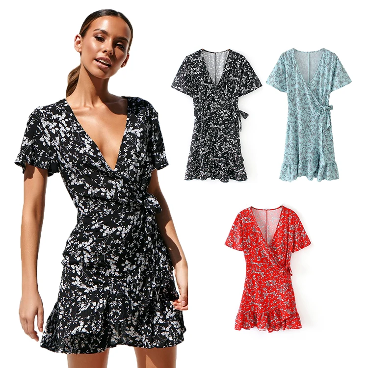 

Floral Printing Short Sleeve Slim Ruffles V-Neck Short Women Beach Mini Dresses, Black,blue,red