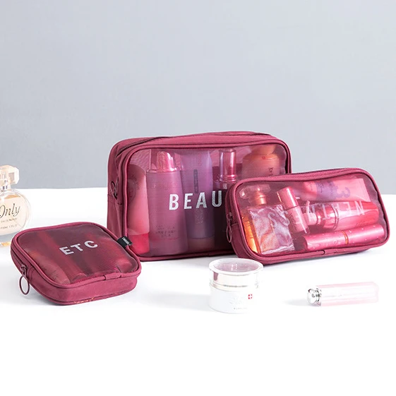 

High Quality Mesh Cosmetic Bag Toiletry Organizer Bag 3 Pcs Storage Bag Sets
