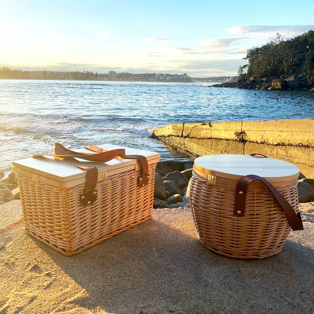 

beach bamboo basket oval folding Woven round Wicker Customized rattan insulated Picnic gift Basket wooden lid cover with handle, As photo or as your requirement