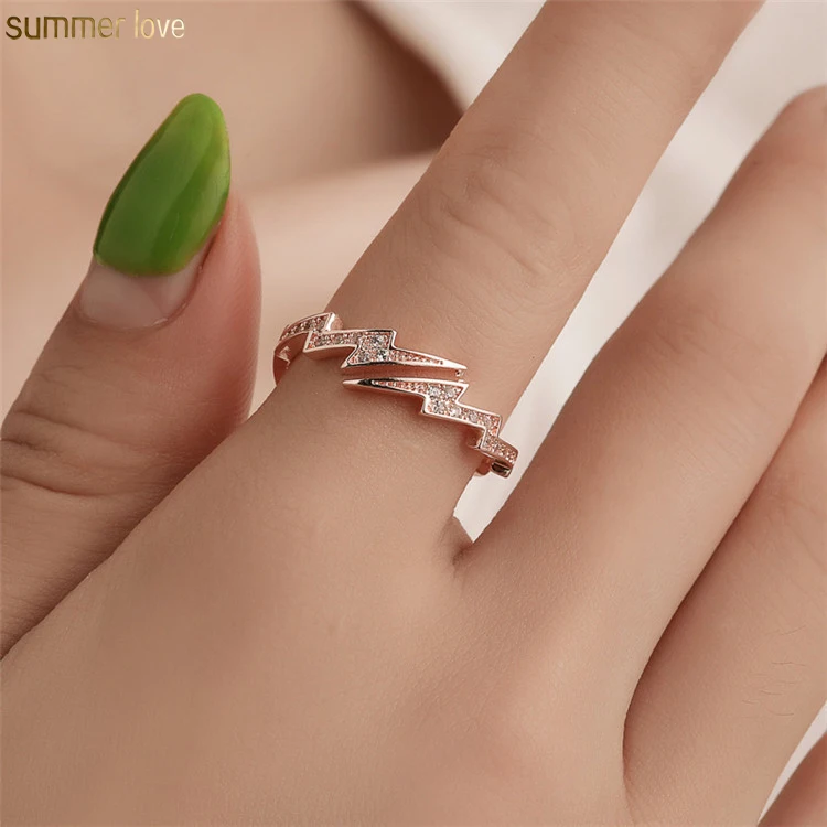 

2019 New Fashion Silver Rose Gold CZ Open Lightning Women Shining Cubic Zircon Engagement Rings Jewelry, Rose gold,silver