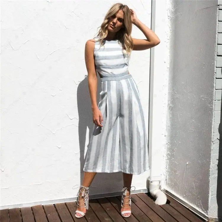 

new Sleeveless Striped Jumpsuit Women Casual Loose Trousers Fashionable Leotard Catsuit Combinaison Wide Leg Pants