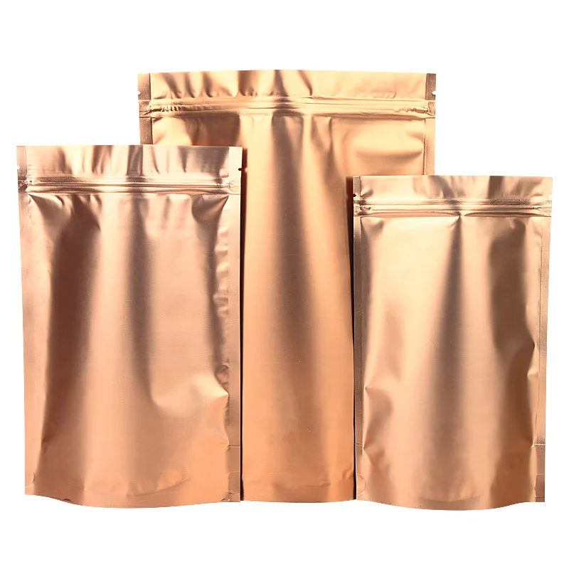 

19*29+5cm Dark gold matte aluminum stand-up pouch food split aluminum foil bag Reusable Seal Freeze Food Storage Savers Bags, As the picture