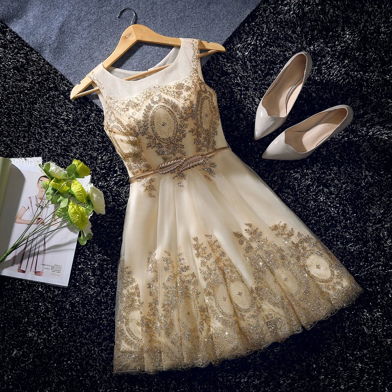 

Elegant night Dress Short Beads Sashes Gold Banquet Party Dress Stunning Tulle formal Dresses Robe De Soiree vestido de festa