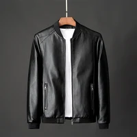 

Wholesale Multi side pockets faux leather Zipper Black Collar Men Motorcycle Leather Jacket