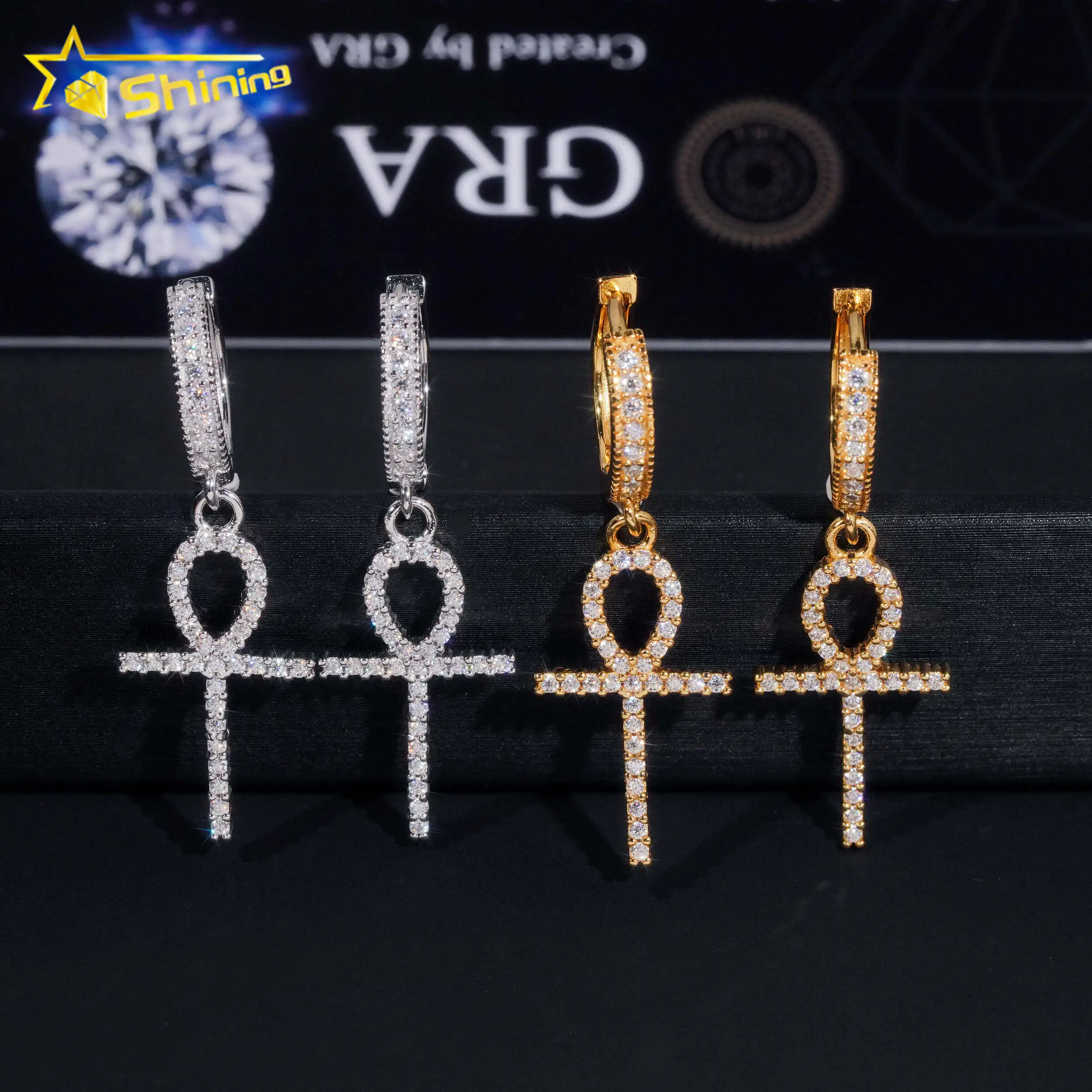 Men Hip Hop Cross Style Drop Earrings Fine Jewelry Gold Plated 925 Sterling Silver Iced Out VVS Moissanite Earrings