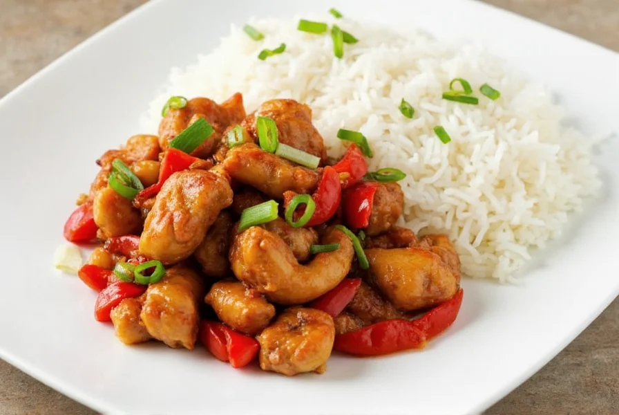 Finished pepper chicken plated with steamed rice and garnished with sliced green onions