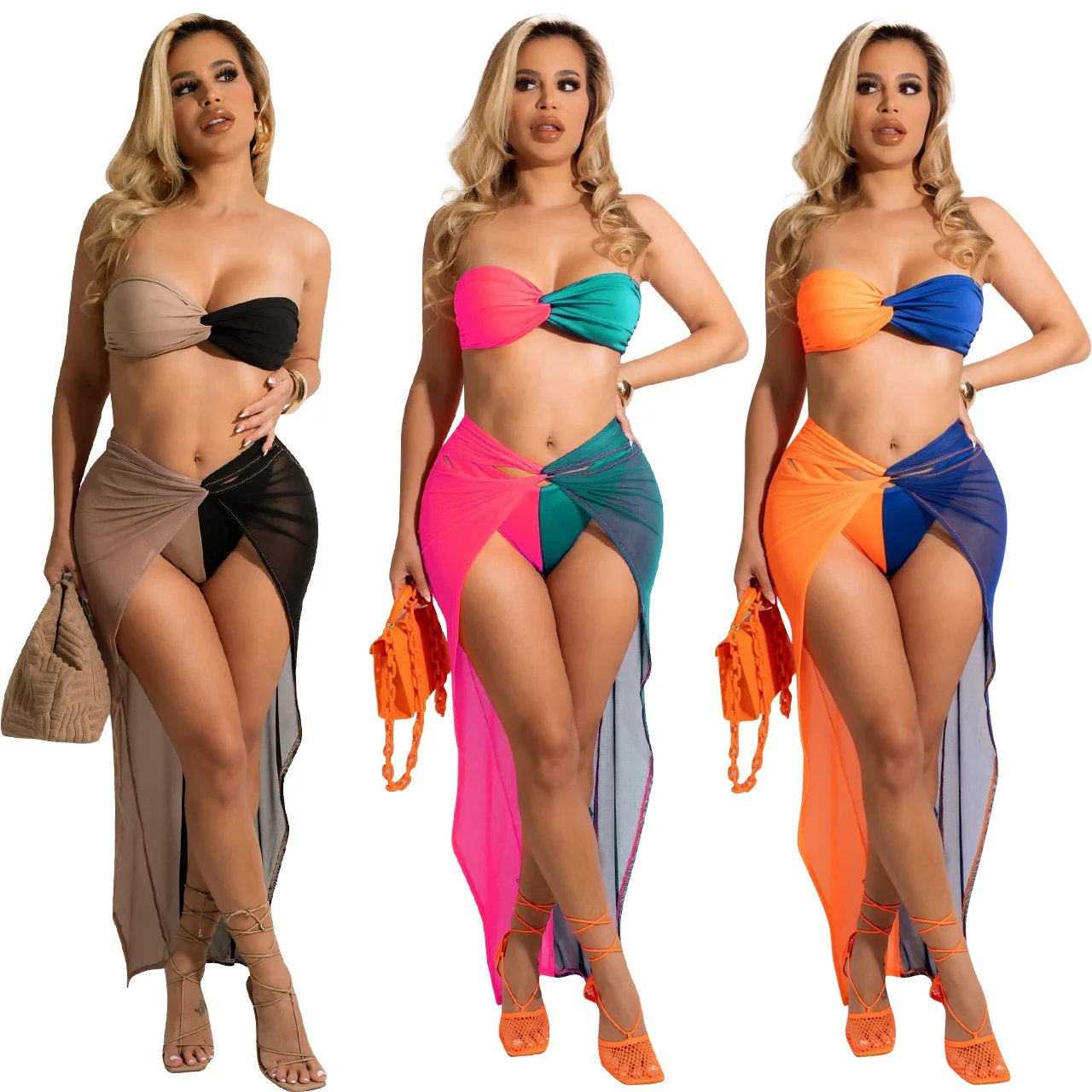 

Sexy swimwear stitching wrapped breast gauze skirt beach wear with cover up 3 piece swimsuit 2022 bathing suits for women, As pics