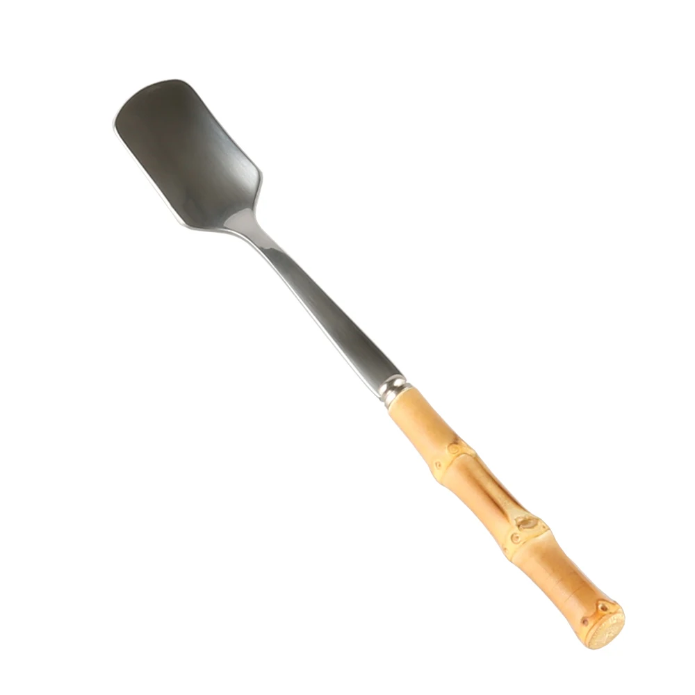 

Stainless Steel Wooden Bamboo Root Handle Watermelon Fruit Dessert Ice Cream Kids Children Small Square Head Spoon