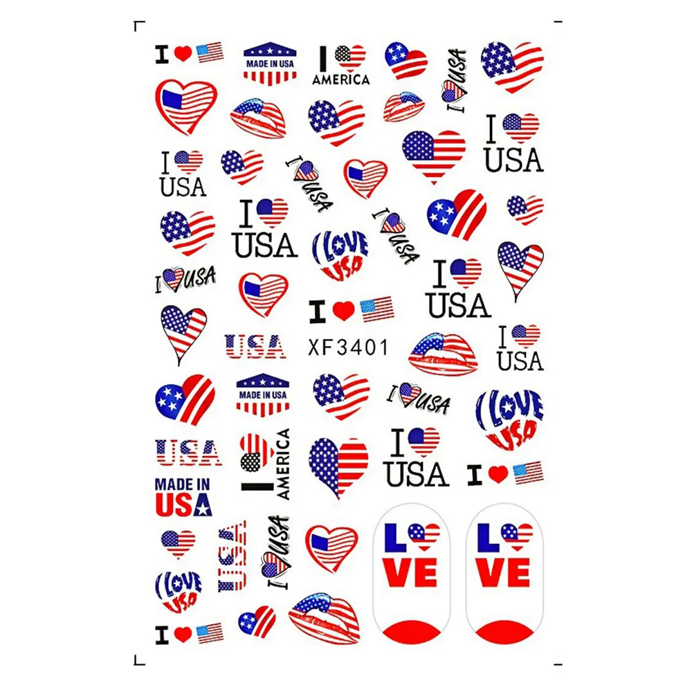 

USA Flag Design Nail Slider Decals Nail Art Cartoon Love Shapes Butterfly Country Flag Element 3D Nails Stickers For Gel Polish