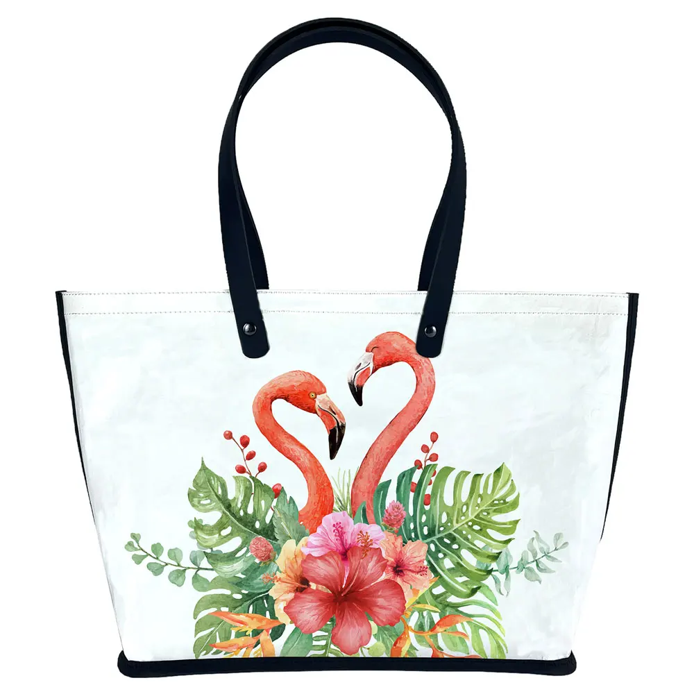 

2021 Luxury design custom print on demand Flamingo pattern FSC RPET Sublimation kraft paper handbag tote bag for ladies