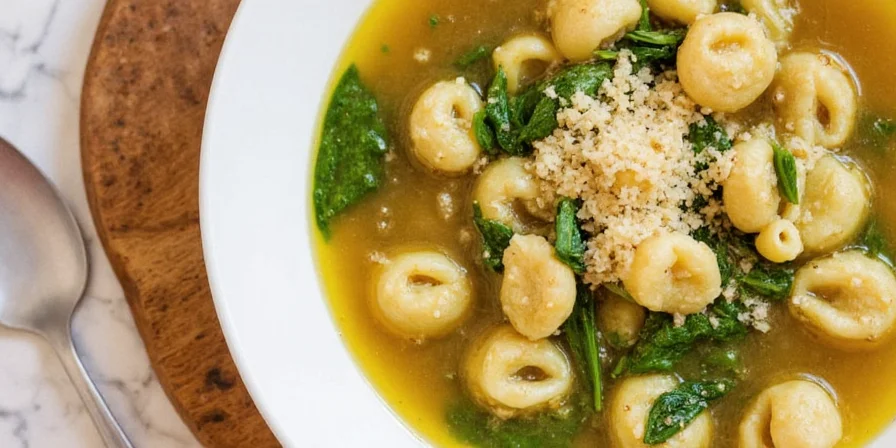 Finished tortellini soup served in bowl