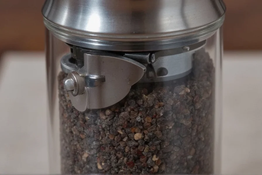 Close-up of Peugeot u'SELECT grinding mechanism showing carbon steel teeth